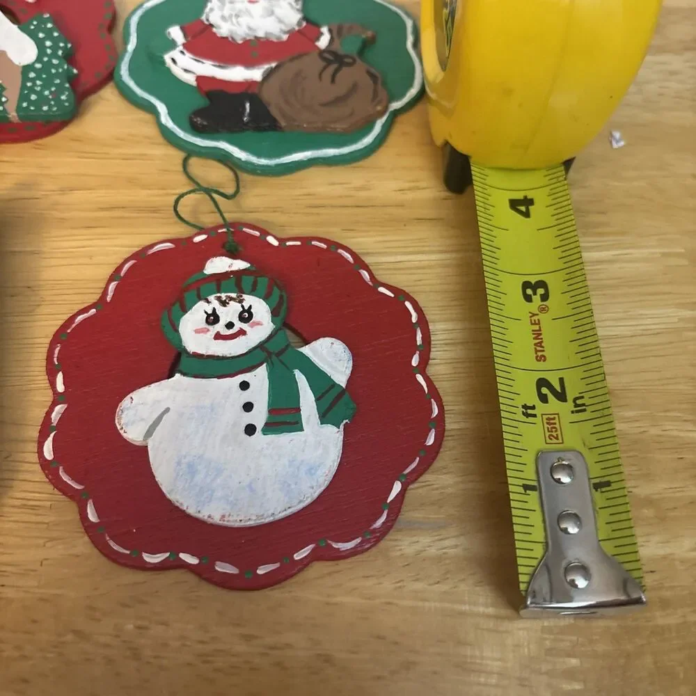 VIntage 80s Hand Painted Flat Wooden Christmas Ornaments LOT Of 4-cottage Core